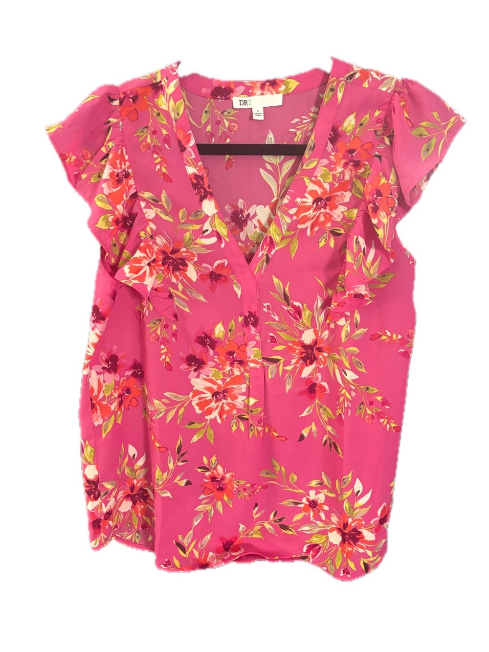DR2 Bright Pink Floral Ruffle Sleeve V-Neck Blouse